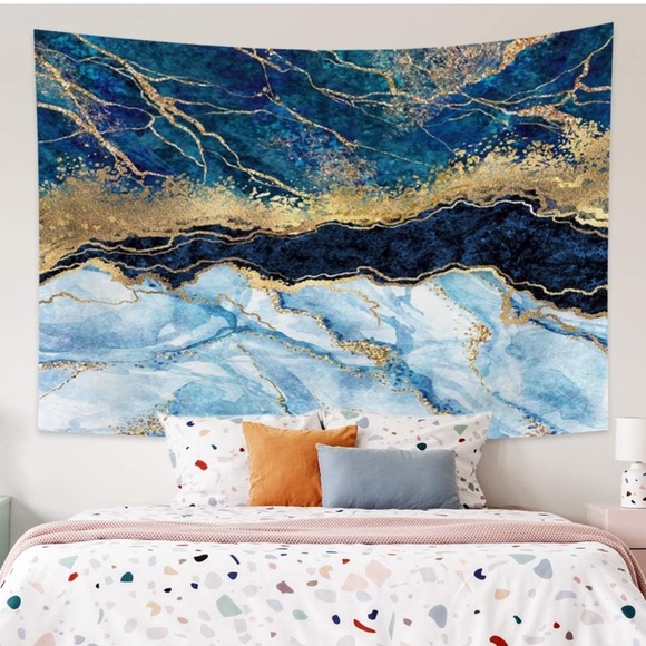 Abstract Blue and Gold med wall tapestry and 2 pillow covers - Picture 1 of 3